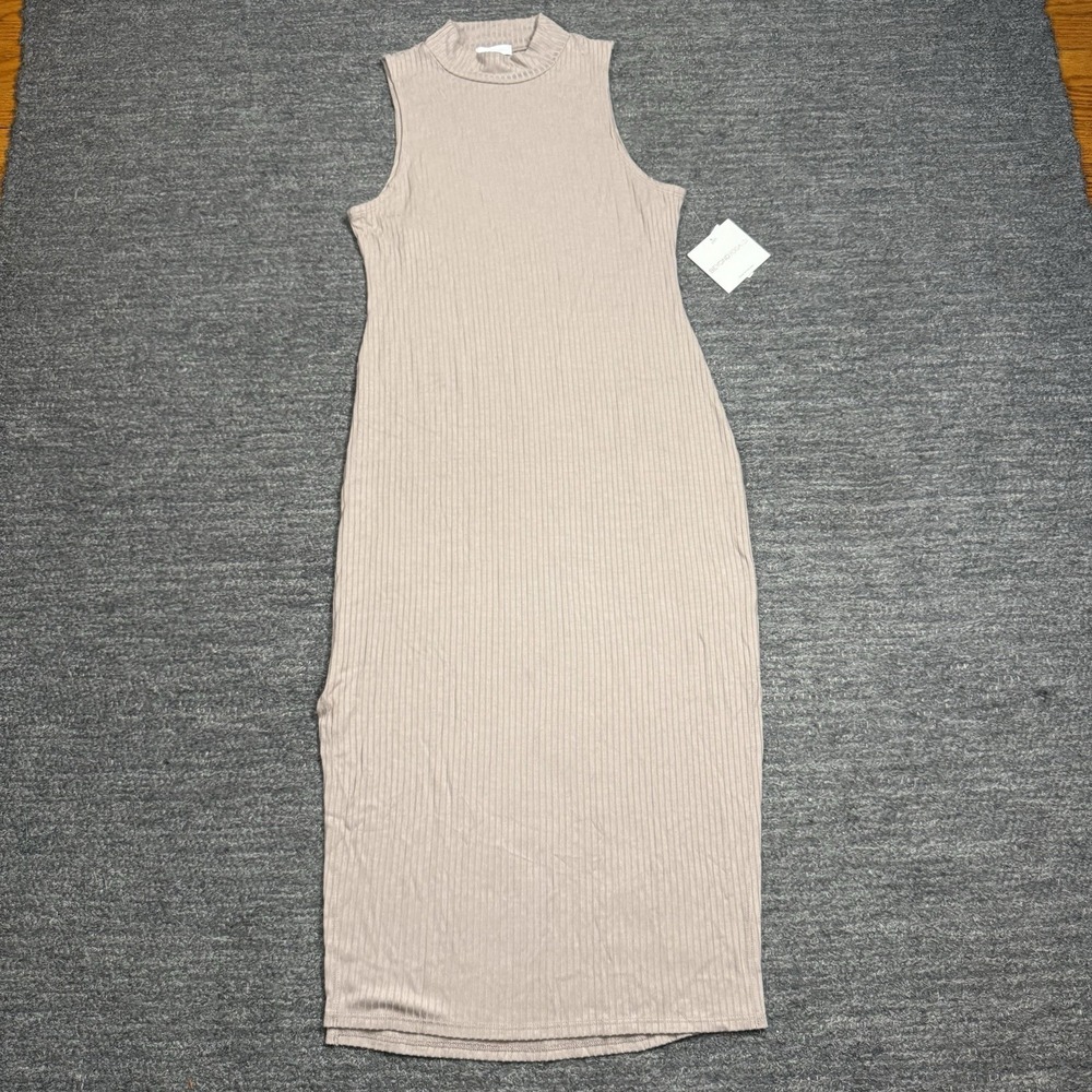 Beyond Yoga Well Traveled Midi Dress Women Large Birch Beige Ribbed Mock Neck